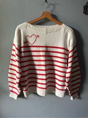 LOFT White & Red Striped Heart Crewneck Sweater